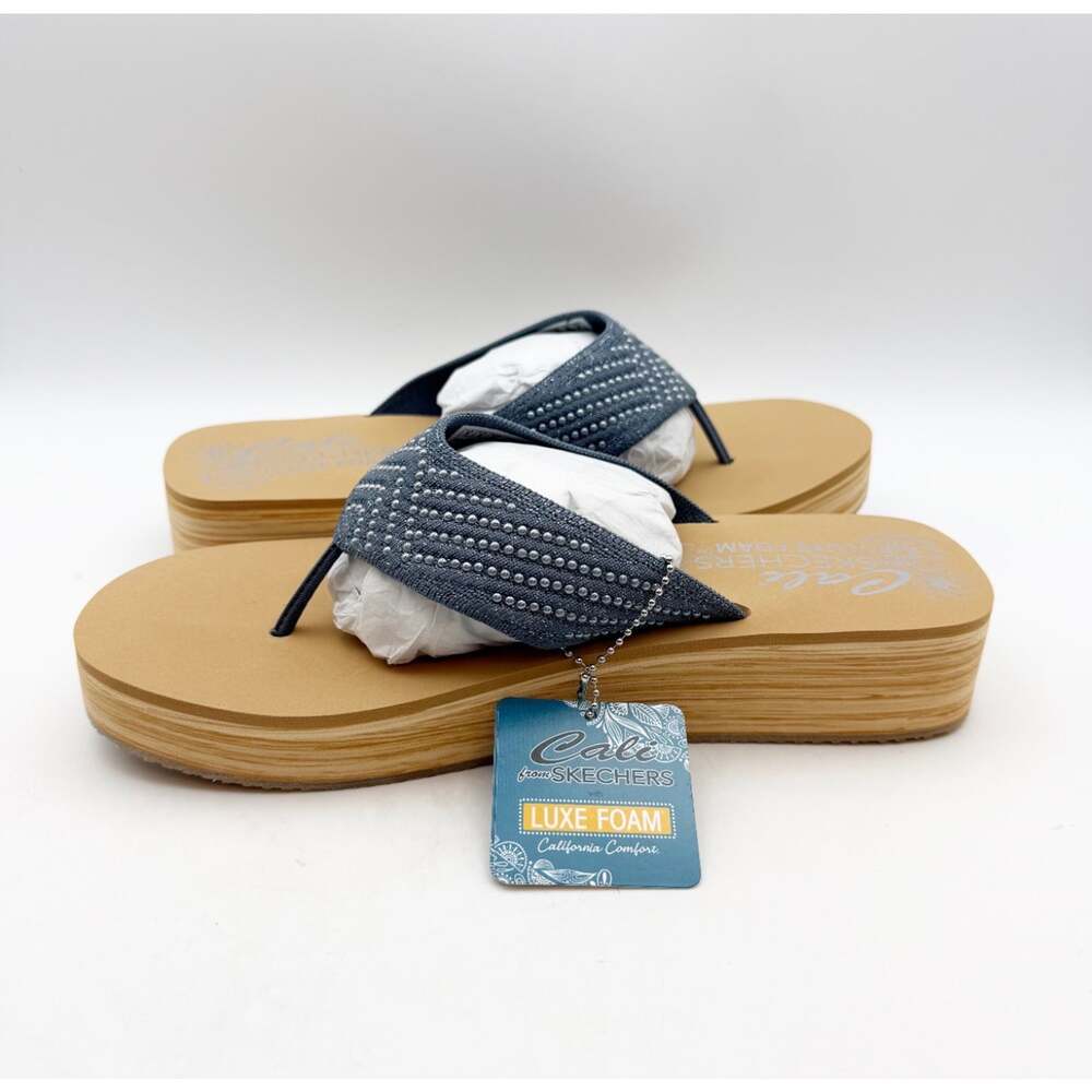 Skechers Women's Summers Mid Wedge Thong Sandals Size 8 EU 38 Slate Blue Tan NIB - Picture 7 of 12